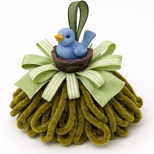 Kelly Paulk Silvestri Bird Nest Tassel Ornament Green Chenille Ribbon‎ 9” Decor